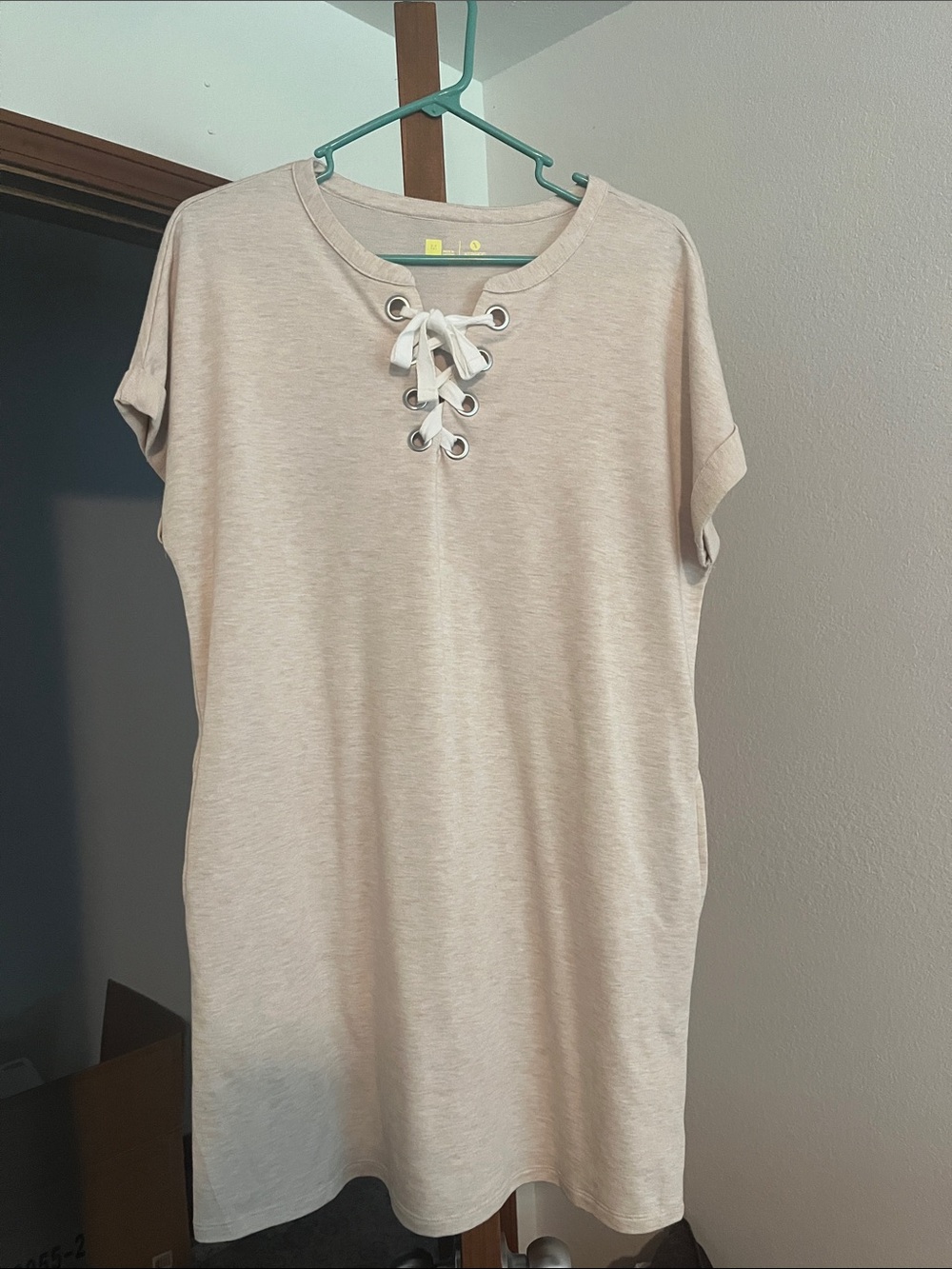 Xersion Lace-Up Midi Dress in Light Beige